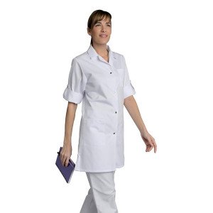 BLANC - Blouse professionnelle de travail blanche à manches transformables 100% coton femme aide a domicile médical auxiliaire d