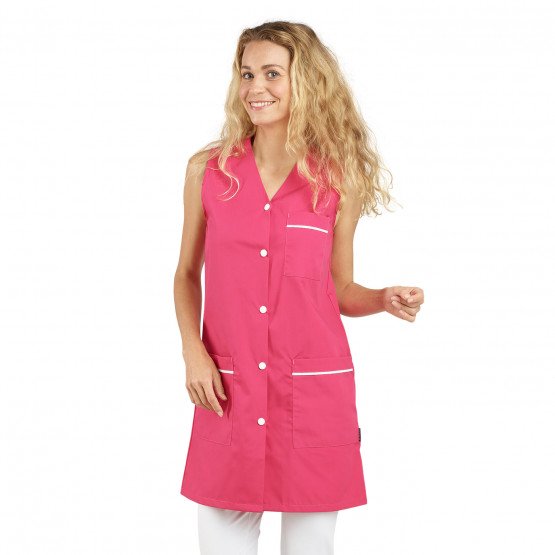 FUCHSIA/BLANC - Blouse professionnelle de travail blanche sans manches femme entretien aide a domicile menage auxiliaire de vie