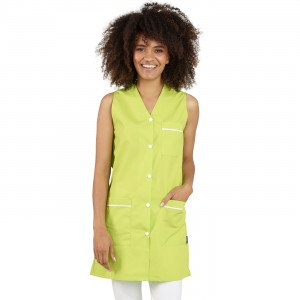 BLANC/MARINE - Blouse professionnelle de travail blanche sans manches femme entretien auxiliaire de vie menage aide a domicile