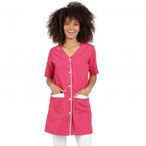 FUCHSIA/BLANC - Blouse professionnelle de travail blanche à manches courtes femme