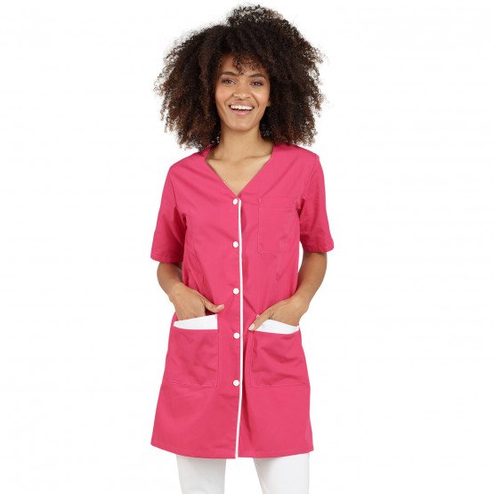 FUCHSIA/BLANC - Blouse professionnelle de travail blanche à manches courtes femme