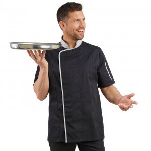 NOIR/PERLE - Veste de cuisine manches courtes professionnelle de travail à manches courtes homme cuisine restaurant serveur res