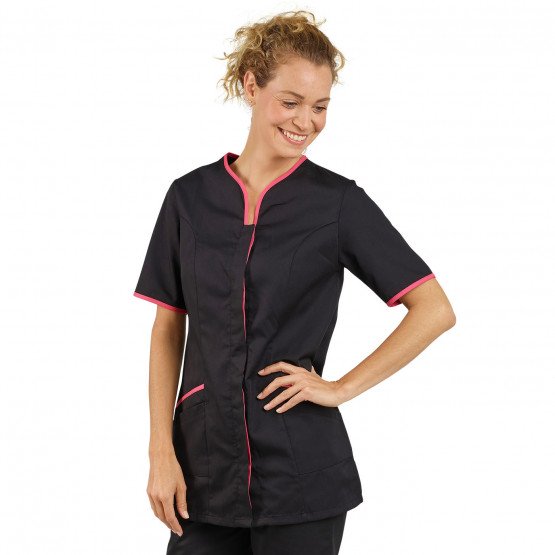 NOIR/FUCHSIA - Tunique professionnelle de travail blanche à manches courtes femme aide a domicile médical auxiliaire de vie infi