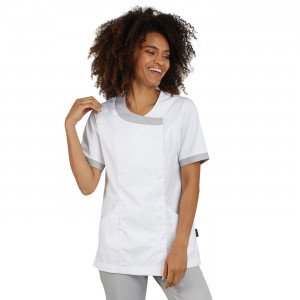 BLANC/PERLE - Tunique professionnelle de travail blanche à manches courtes femme infirmier esthéticienne médical coiffeur