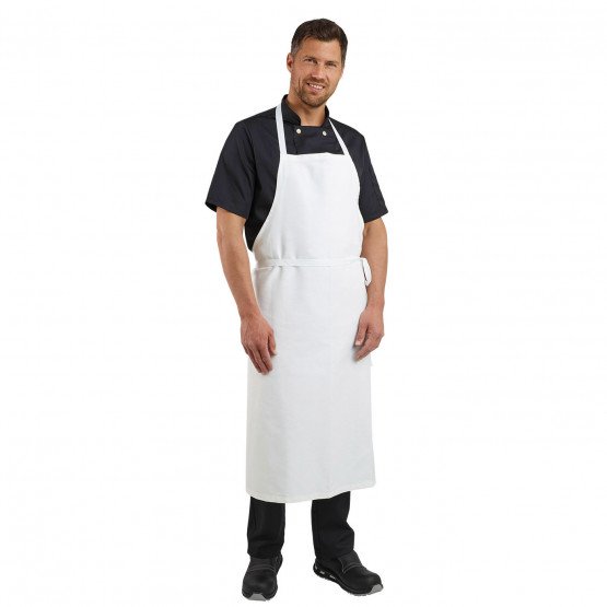 BLANC - Tablier à bavette sans poche de cuisine professionnel blanche 100% coton mixte serveur restauration cuisine restaurant