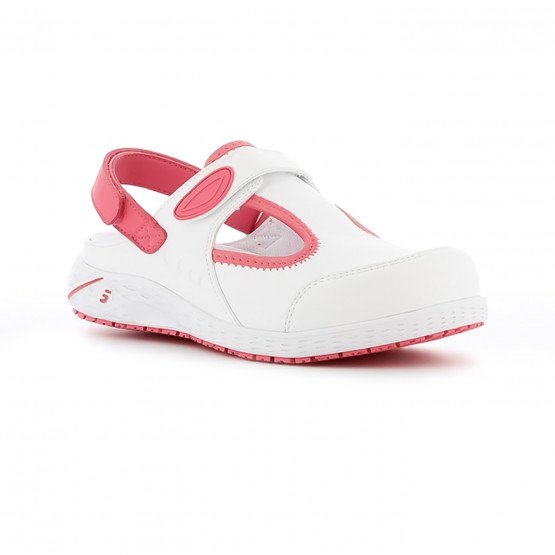BLANC/FUCHSIA - Sabot professionnel de travail blanc en cuir EN ISO 20347 femme - PROMO auxiliaire de vie infirmier aide a domic