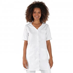 BLANC - Blouse professionnelle de travail blanche à manches courtes femme aide a domicile infirmier auxiliaire de vie médical