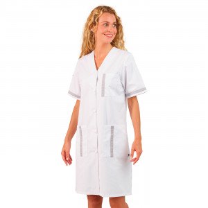 BLANC/PERLE - Blouse professionnelle de travail blanche à manches courtes femme aide a domicile médical auxiliaire de vie infirm