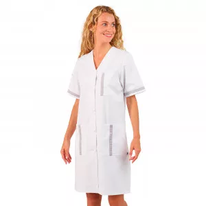BLANC/PERLE - Blouse professionnelle de travail blanche à manches courtes femme aide a domicile infirmier auxiliaire de vie méd