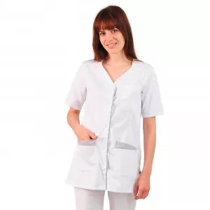 BLANC/PERLE - Tunique professionnelle de travail blanche à manches courtes femme auxiliaire de vie médical aide a domicile infi