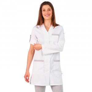 BLANC/PERLE - Blouse professionnelle de travail blanche à manches transformables femme médical aide a domicile infirmier auxilia