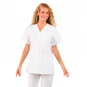 BLANC - Tunique professionnelle de travail blanche à manches courtes mixte auxiliaire de vie infirmier aide a domicile médical