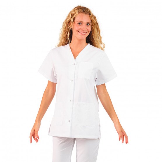 BLANC - Tunique professionnelle de travail blanche à manches courtes mixte aide a domicile infirmier auxiliaire de vie médical