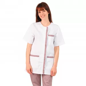 BLANC/ZINC - Tunique professionnelle de travail blanche à manches courtes femme auxiliaire de vie infirmier aide a domicile méd