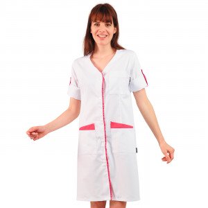 BLANC/FUCHSIA - Blouse professionnelle de travail blanche à manches transformables femme internat menage crèche entretien