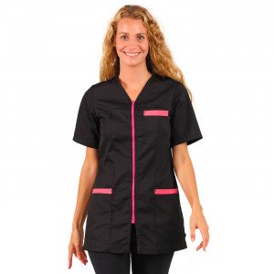 NOIR/FUCHSIA - Tunique professionnelle de travail blanche à manches courtes femme aide a domicile infirmier auxiliaire de vie mé