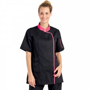 NOIR/FUCHSIA - Veste de cuisine manches courtes professionnelle de travail à manches courtes femme serveur restaurant cuisine hô