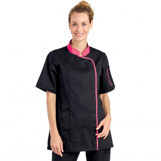 NOIR/FUCHSIA - Veste de cuisine manches courtes professionnelle de travail à manches courtes femme cuisine restauration restaura