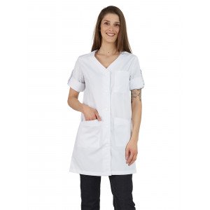 BLANC - Blouse professionnelle de travail blanche à manches transformables femme auxiliaire de vie infirmier aide a domicile méd