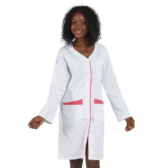 BLANC/FUCHSIA - Blouse professionnelle de travail blanche à manches transformables femme - PROMO entretien internat menage écol