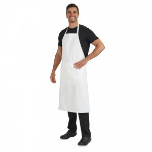 BLANC - Tablier à bavette avec poche de cuisine professionnel blanc 100% coton mixte restaurant restauration cuisine serveur
