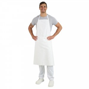 BLANC - Tablier à bavette sans poche de cuisine professionnel blanc 100% coton mixte hôtel restaurant restauration cuisine
