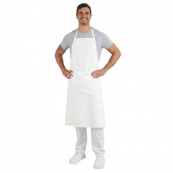 BLANC - Tablier à bavette sans poche de cuisine professionnel blanc 100% coton mixte restaurant restauration cuisine serveur