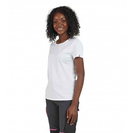 BLANC - Tee-shirt professionnel de travail à manches courtes BIO 100% coton femme hôtel infirmier cuisine médical