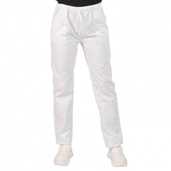 BLANC - Pantalon élastiqué professionnel de travail 100% coton mixte restauration restaurant serveur hôtel