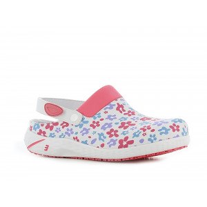 FUCHSIA/FLEURS - Sabot professionnel de travail blanc noir en cuir EN ISO 20347 femme aide a domicile infirmier auxiliaire de vi