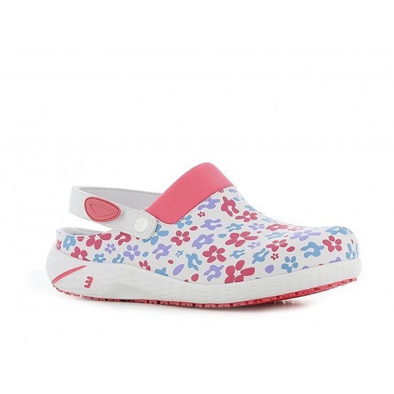 FUCHSIA/FLEURS - Sabot professionnel de travail blanc noir en cuir EN ISO 20347 femme aide a domicile médical auxiliaire de vie 
