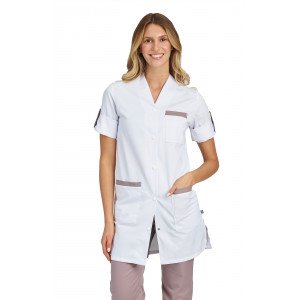 BLANC/ZINC - Blouse professionnelle de travail blanche à manches transformables femme crèche menage foyer entretien