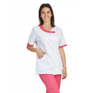 BLANC/FUCHSIA - Tunique professionnelle de travail blanche à manches courtes femme esthéticienne médical coiffeur infirmier