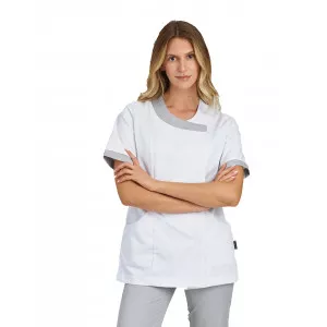 BLANC/PERLE - Tunique professionnelle de travail blanche à manches courtes femme coiffeur infirmier esthéticienne médical