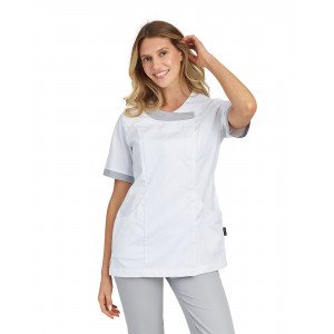 BLANC/PERLE - Tunique professionnelle de travail blanche à manches courtes femme coiffeur infirmier esthéticienne médical
