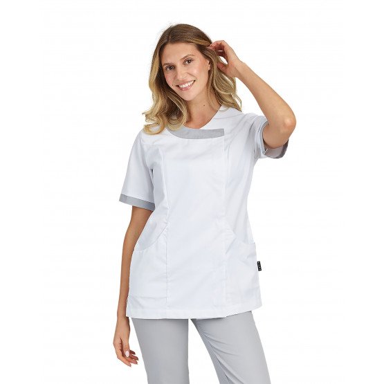 BLANC/PERLE - Tunique professionnelle de travail blanche à manches courtes femme coiffeur infirmier esthéticienne médical