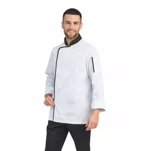 BLANC/NOIR - Veste de cuisine manches longues professionnelle de travail à manches longues homme restaurant cuisine hôtel serveu