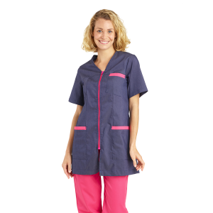 DENIM/FUCHSIA - Tunique professionnelle de travail blanche à manches courtes femme - PROMO aide a domicile médical auxiliaire de