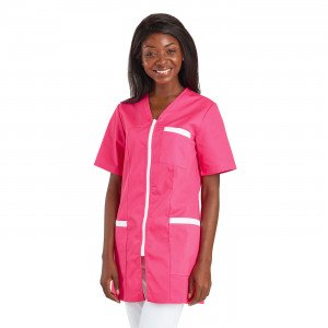 DENIM/FUCHSIA - Tunique professionnelle de travail blanche à manches courtes femme - PROMO infirmier auxiliaire de vie médical a