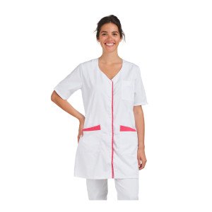 BLANC/FUCHSIA - Blouse professionnelle de travail blanche à manches courtes femme menage aide a domicile entretien auxiliaire d