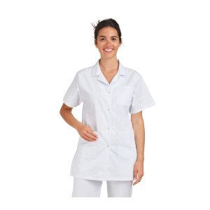 BLANC - Blouse professionnelle de travail blanche à manches courtes femme aide a domicile médical auxiliaire de vie infirmier
