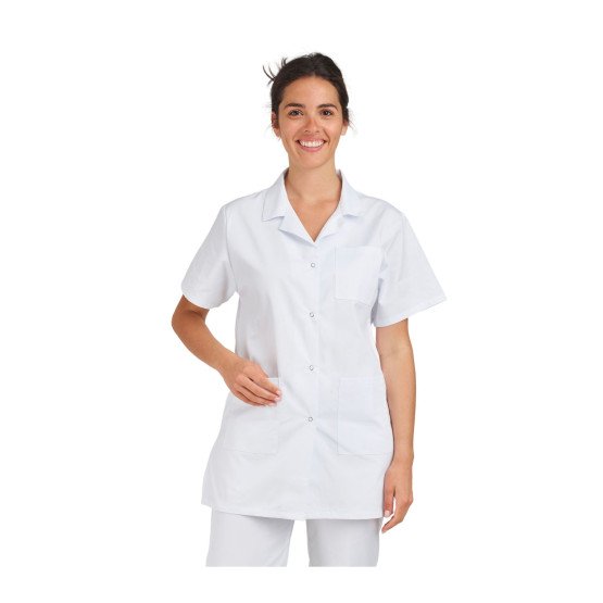 BLANC - Blouse professionnelle de travail blanche à manches courtes femme aide a domicile infirmier auxiliaire de vie médical