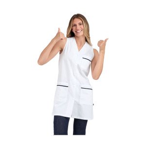 BLANC/MARINE - Blouse professionnelle de travail blanche sans manches femme menage auxiliaire de vie entretien aide a domicile