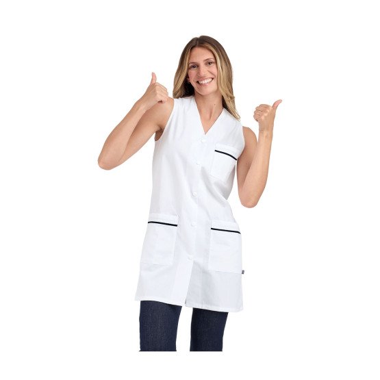BLANC/MARINE - Blouse professionnelle de travail blanche sans manches femme menage aide a domicile entretien auxiliaire de vie