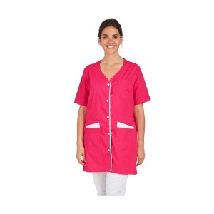 FUCHSIA/BLANC - Blouse professionnelle de travail blanche à manches courtes femme