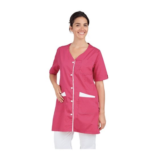 FUCHSIA/BLANC - Blouse professionnelle de travail blanche à manches courtes femme