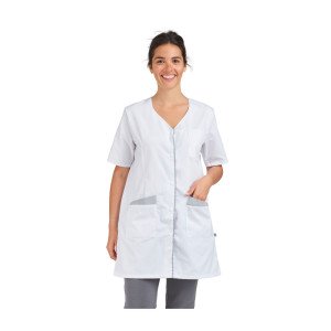 BLANC/PERLE - Blouse professionnelle de travail blanche à manches courtes femme auxiliaire de vie infirmier aide a domicile méd