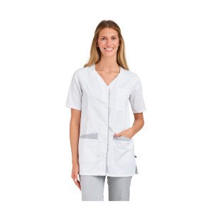 BLANC/PERLE - Tunique professionnelle de travail blanche à manches courtes femme auxiliaire de vie médical aide a domicile infi