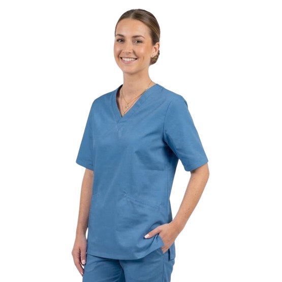BLEU - Tunique professionnelle de travail blanche à manches courtes mixte aide a domicile infirmier auxiliaire de vie médical