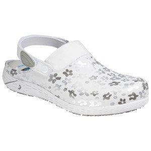 FUCHSIA/FLEURS - Sabot professionnel de travail blanc noir en cuir EN ISO 20347 femme aide a domicile infirmier auxiliaire de vi